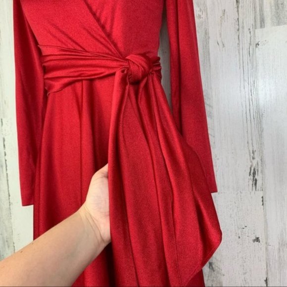 Vintage 70s Bright Red Faux Wrap Midi Dress - Picture 7 of 12